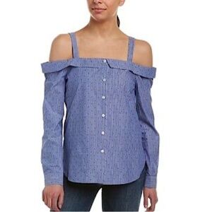 🆕 BCBGENERATION Blue & White Striped Red Dot Cold-Shoulder Shirt XS